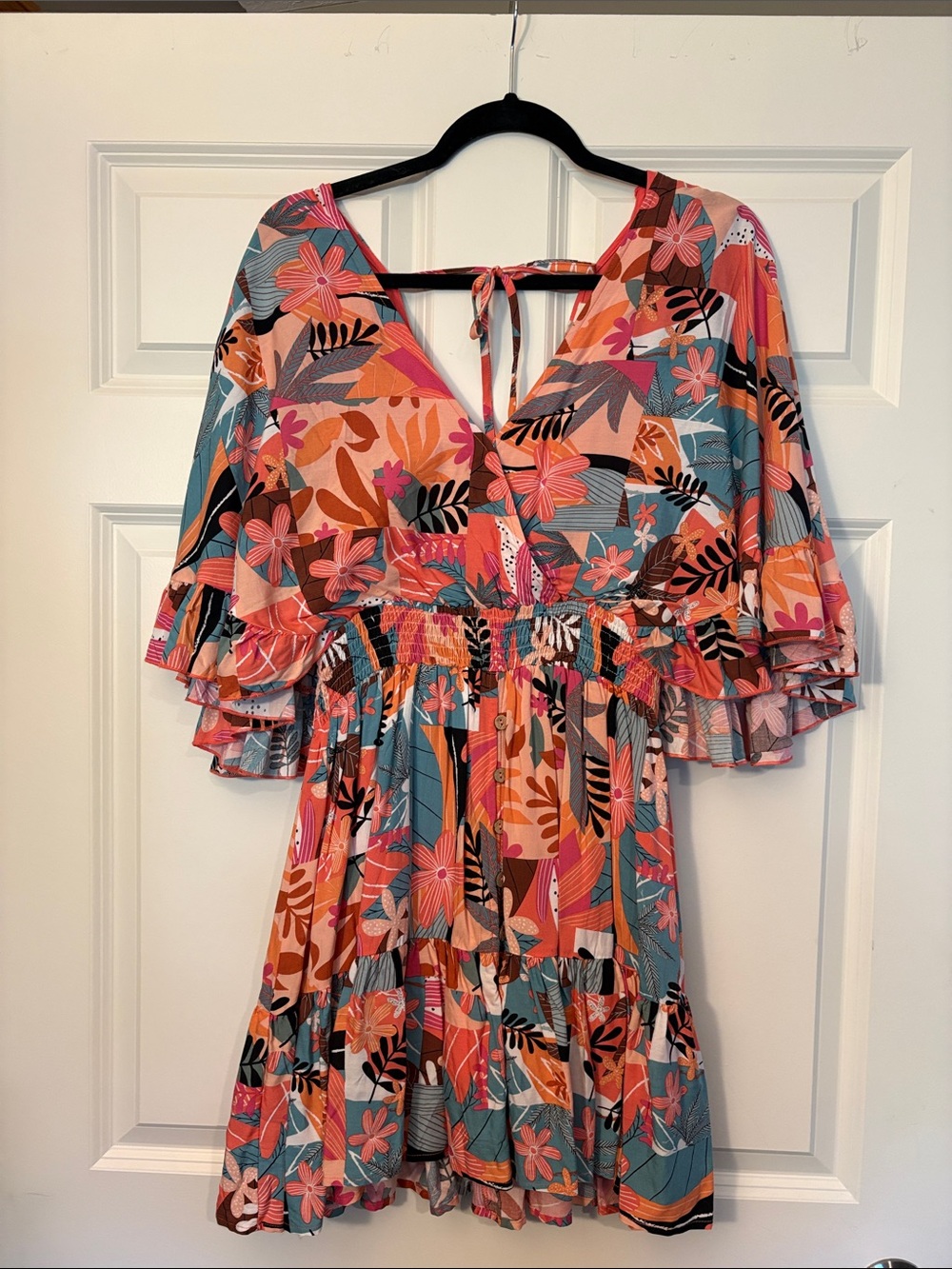 easel Coral Multi Floral V-Neck Tiered Mini Dress w/ hidden shorts